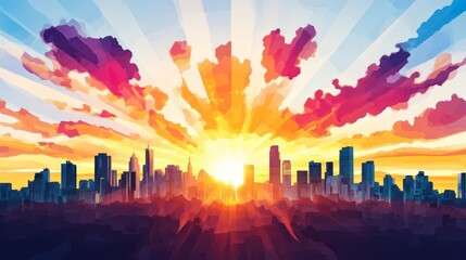 A vibrant sunset paints the skyline with stunning colors and dramatic clouds.