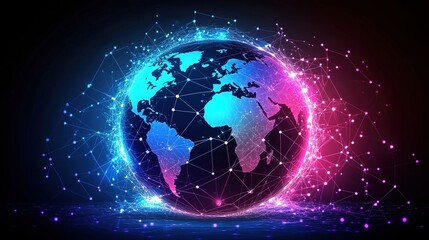Obraz premium Abstract digital planet Earth with glowing connections and global network concept on a dark background. 