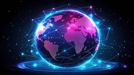 Naklejka premium Abstract digital planet Earth with glowing connections and global network concept on a dark background. 