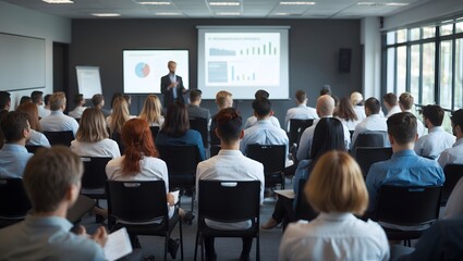 Business and entrepreneurship symposium. Speaker giving a talk at business meeting. Audience in conference hall. Rear view of unrecognized participant in audience. Ai Generative.
