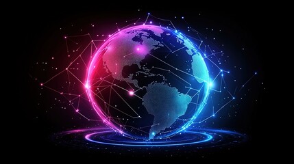 Obraz premium Abstract digital planet Earth with glowing connections and global network concept on a dark background. 