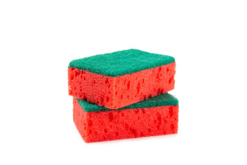 Colorful dish sponges isolated on white background. Kitchen sponge. Cleaning concept, cleaning service. Dishwashing liquid with clean and dirty dishes plate. Place for text, copy space.Wash the dishes