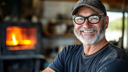 Smiling craftsman in workshop with glowing furnace during afternoon - Powered by Adobe