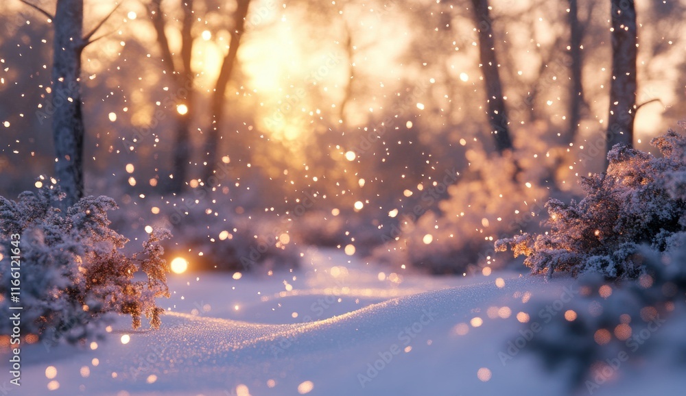 Poster tranquil winter landscape with soft transition of light during sunset capturing snowflakes falling g