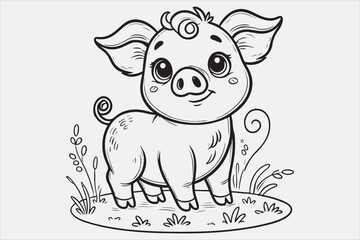 A line art illustration of a happy pig standing on grass.