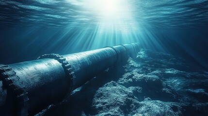 A long underwater pipeline in the ocean, connecting two points of flow from water to energy storage or power plants.