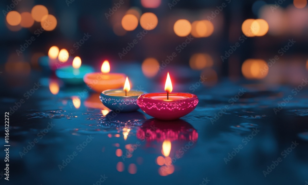 Poster Vibrant Colorful Candles on a Reflective Surface with Warm Bokeh Background Creating a Serene and Tranquil Atmosphere