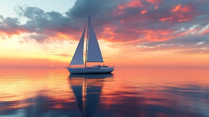 Sailing boat on a calm sea at sunset, with a reflection in the water.