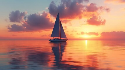 Sailing boat on a calm sea at sunset, with a reflection in the water.