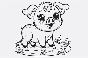 A line art illustration of a happy pig standing on grass.