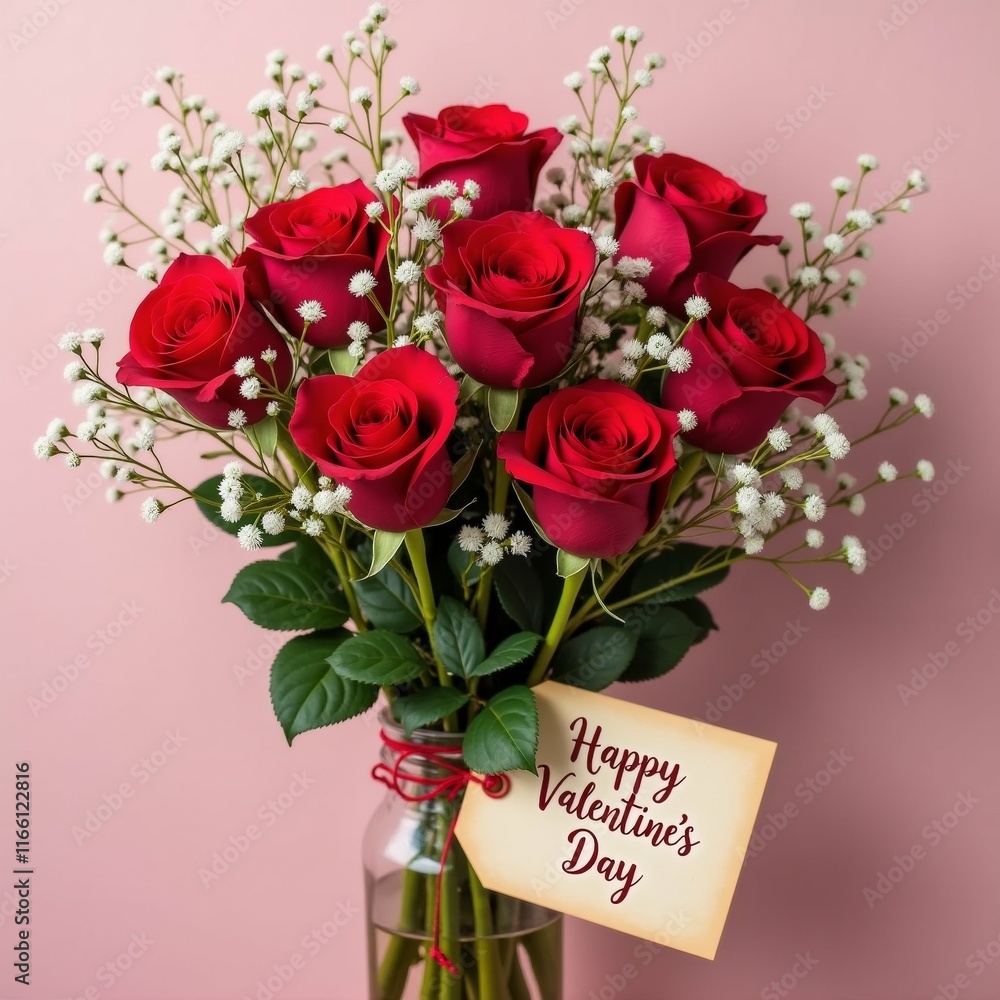 Poster the image is of a beautiful bouquet of red roses in a glass vase. the roses are arranged in a way th