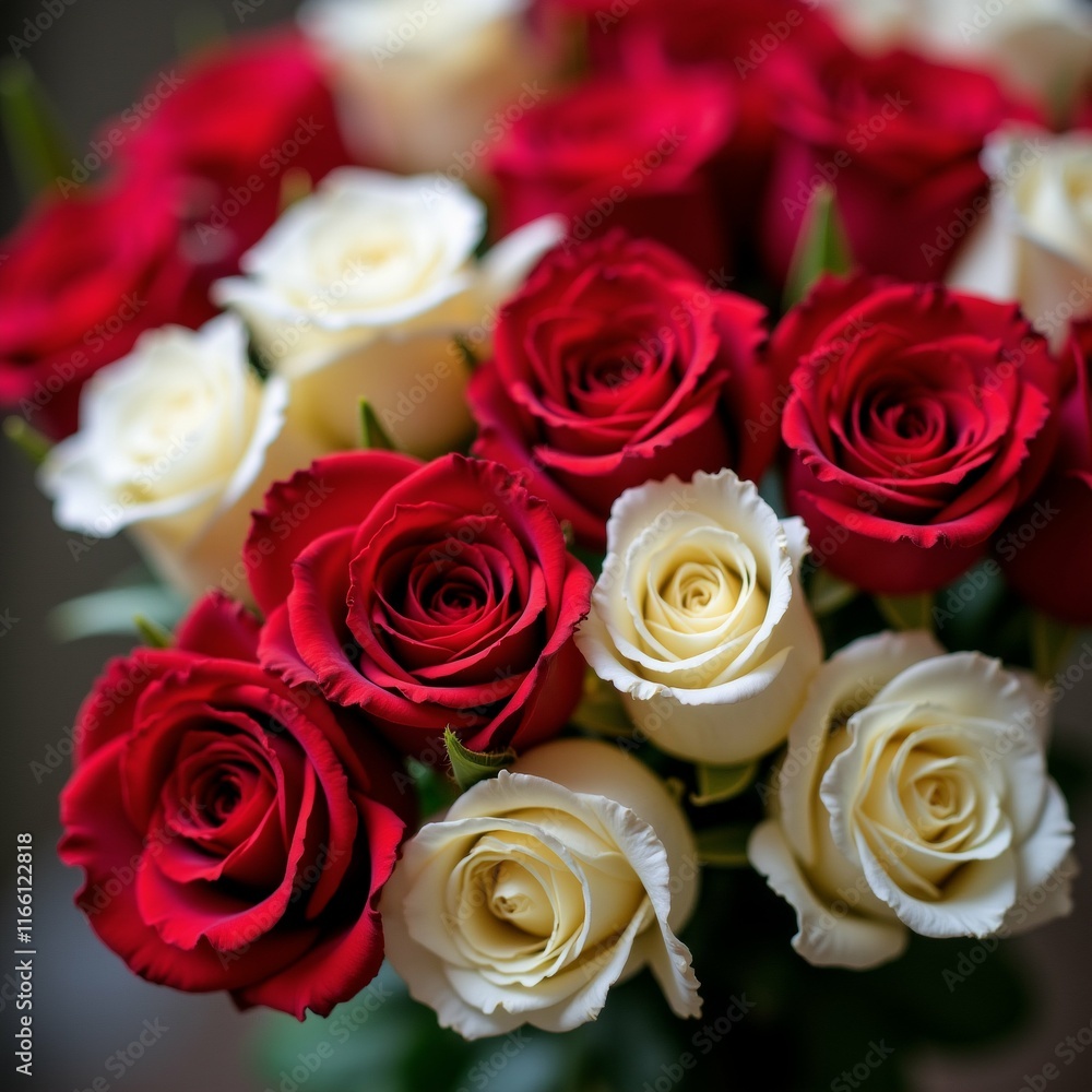 Poster the image is a close-up of a bouquet of red and white roses. the roses are arranged in a way that th
