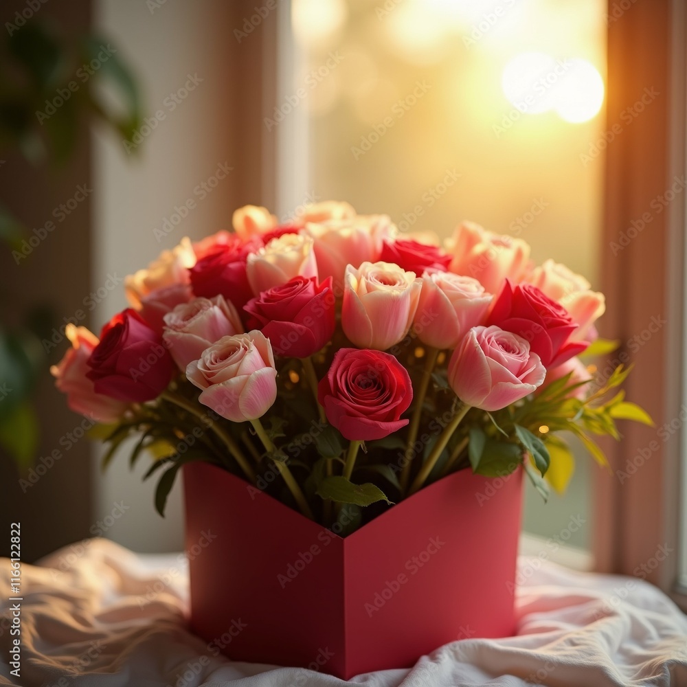 Poster the image is a close-up of a beautiful bouquet of roses in a red gift box. the roses are in full blo