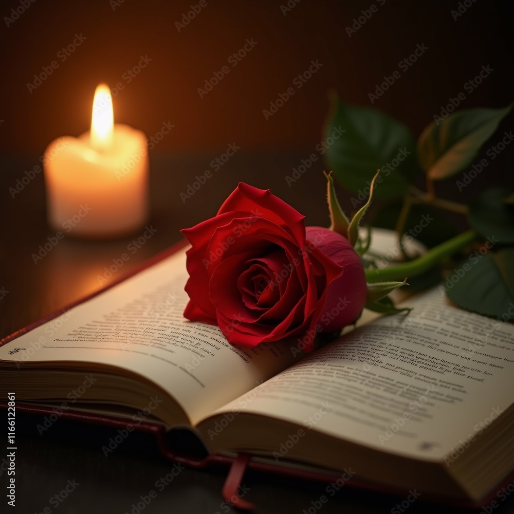 Poster the image is a close-up of an open book with a single red rose resting on top of it. the book is res