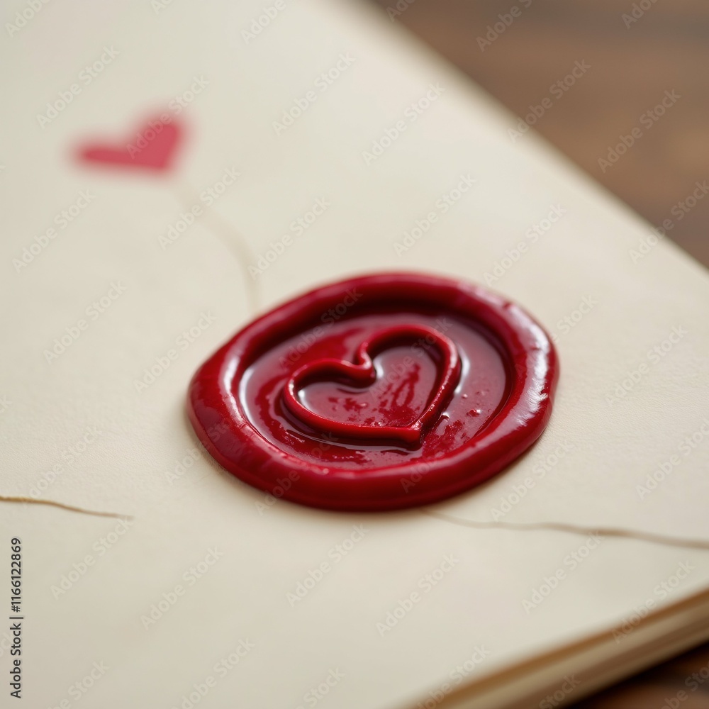 Poster the image is a close-up of a red wax seal in the shape of a heart. the seal is placed on top of a be