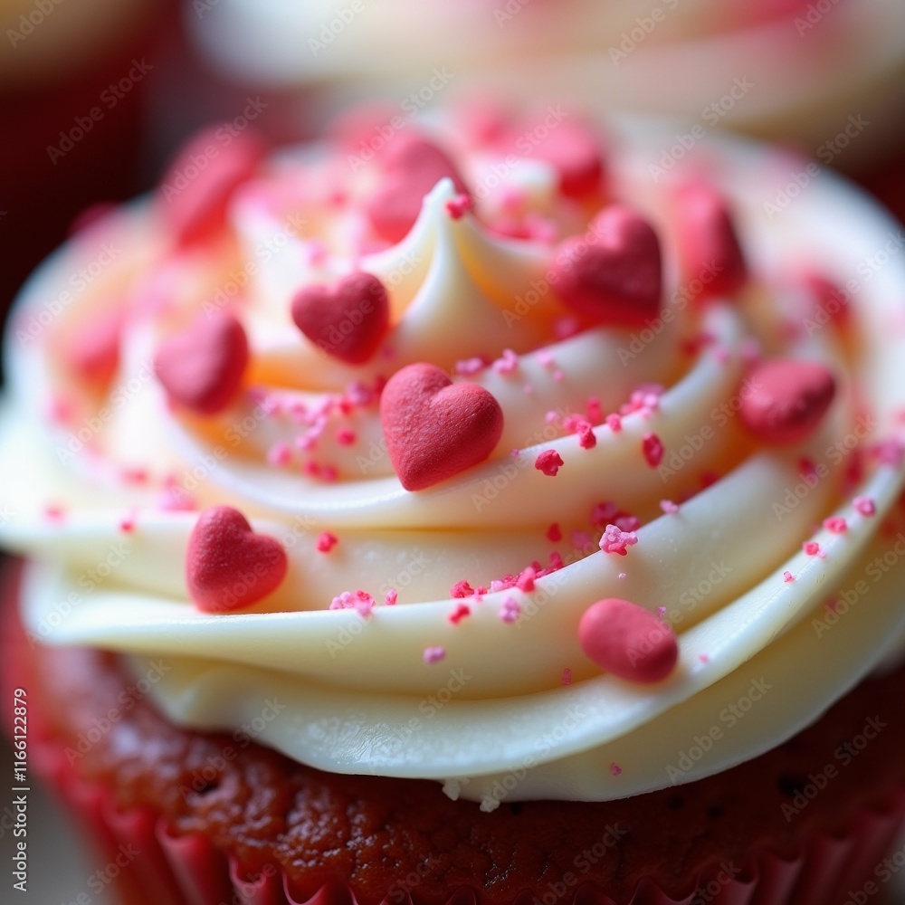 Poster the image is a close-up of a red velvet cupcake with white frosting. the frosting is swirled in a sw