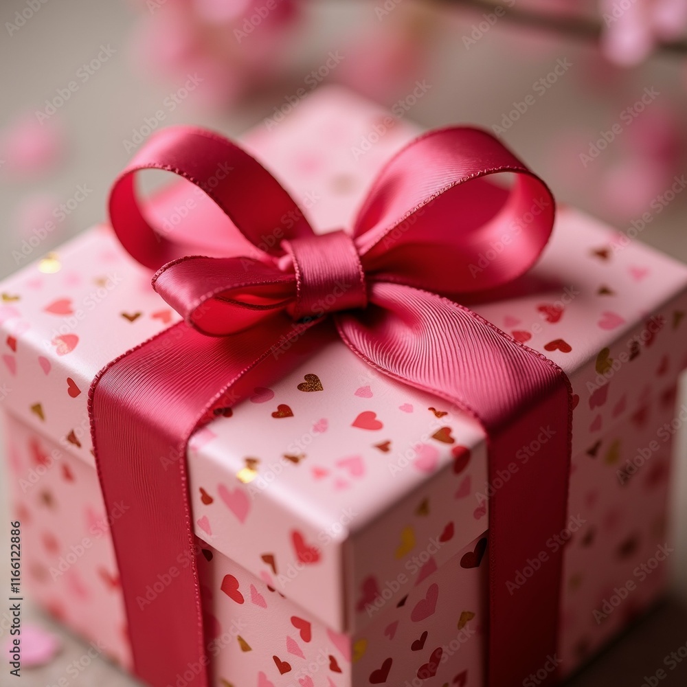 Poster the image is a close-up of a small gift box with a pink ribbon tied in a bow on top. the box is squa