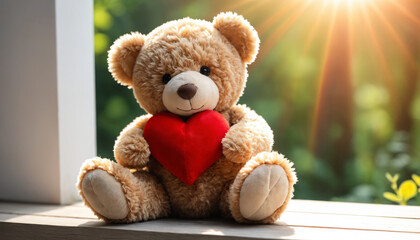 Obraz premium teddy bear hold red heart, valentine background with copyspace