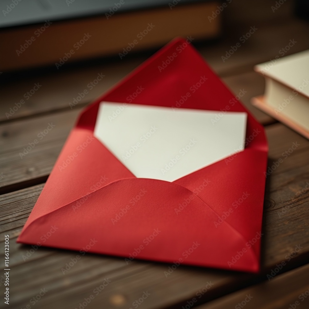 Poster the image shows a red envelope lying on a wooden table. the envelope is folded in a triangular shape