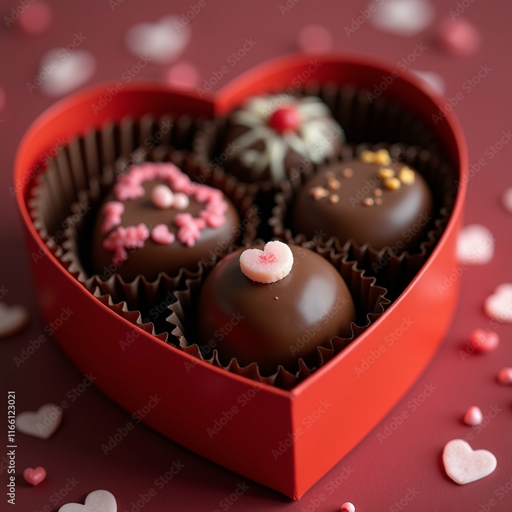 Aufkleber the image shows a red heart-shaped box filled with four chocolate truffles. the box is made of paper