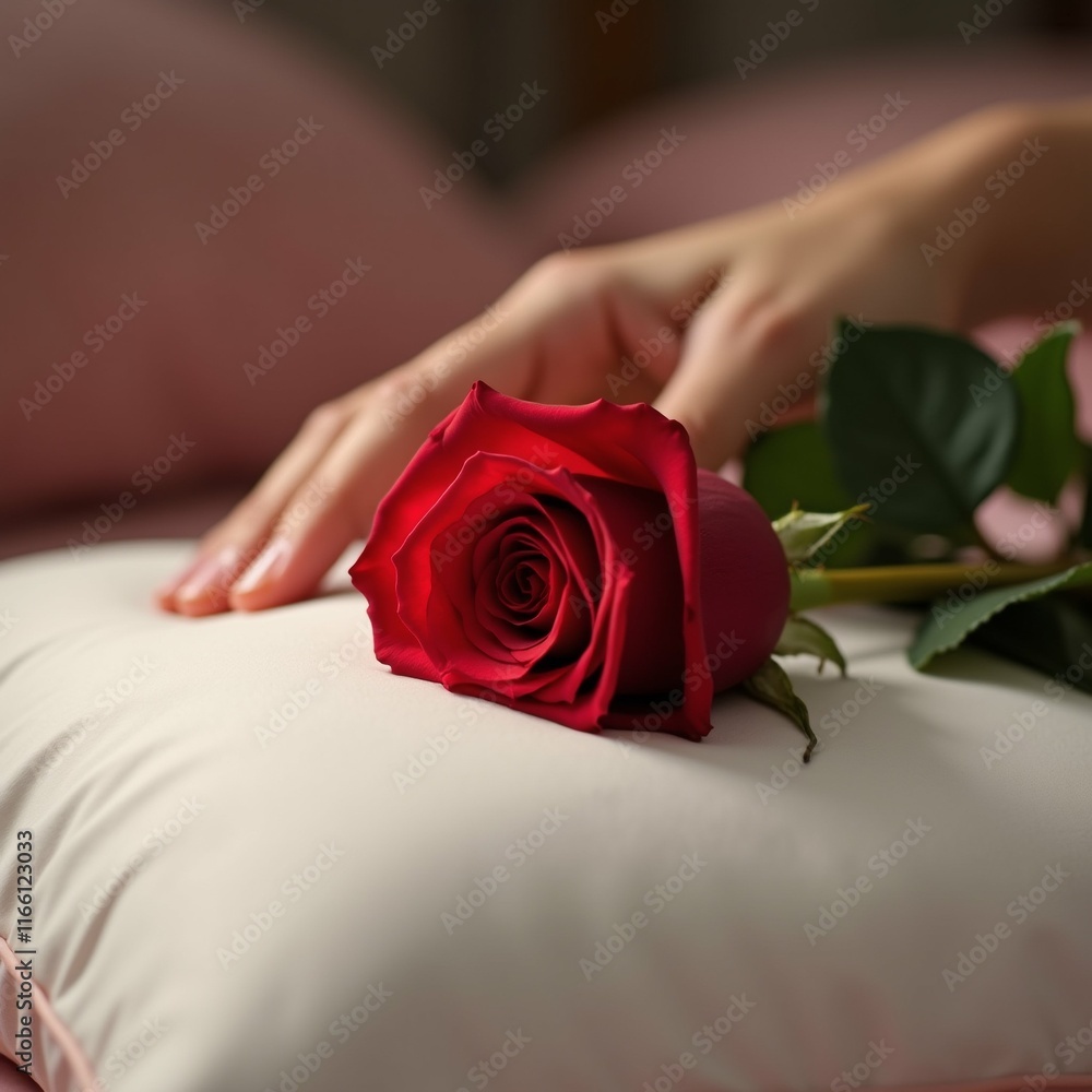 Poster the image shows a single red rose resting on a white pillow. the rose is in full bloom with its peta