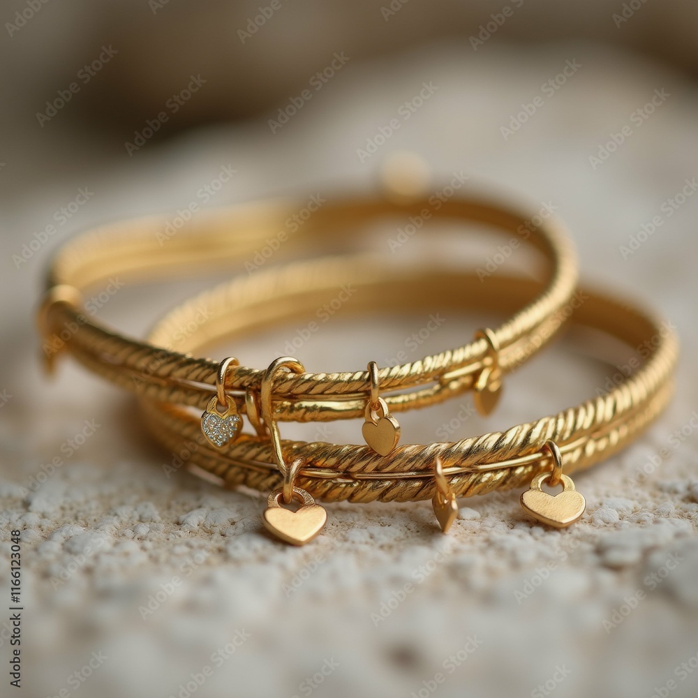 Poster the image shows a stack of three gold bracelets on a white textured surface. the bracelets are stack