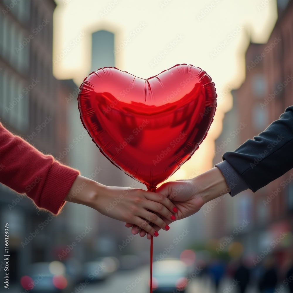 Poster the image shows two hands holding a large red heart-shaped balloon. the balloon is inflated and appe