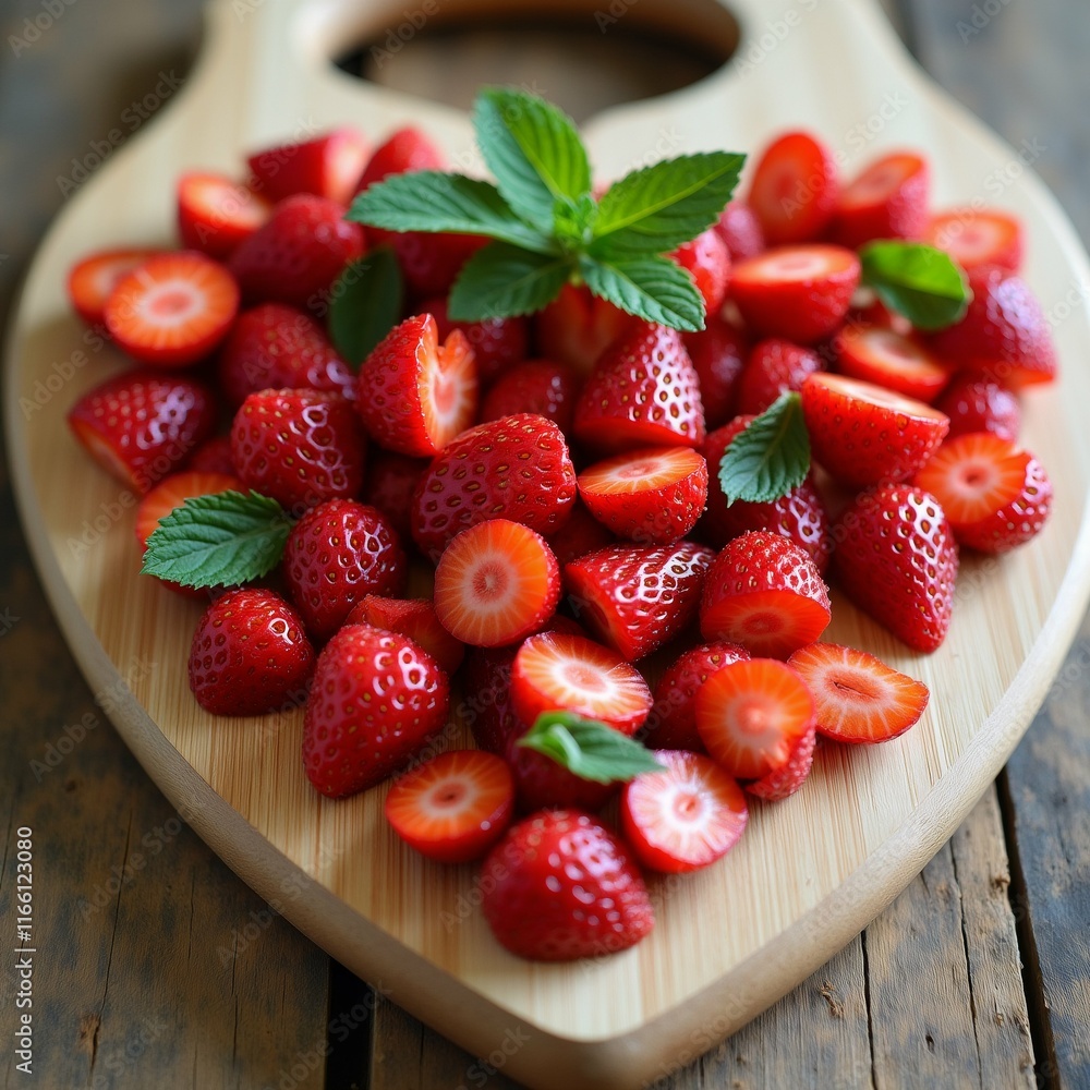 Poster the image shows a wooden cutting board with a pile of fresh strawberries on it. the strawberries are