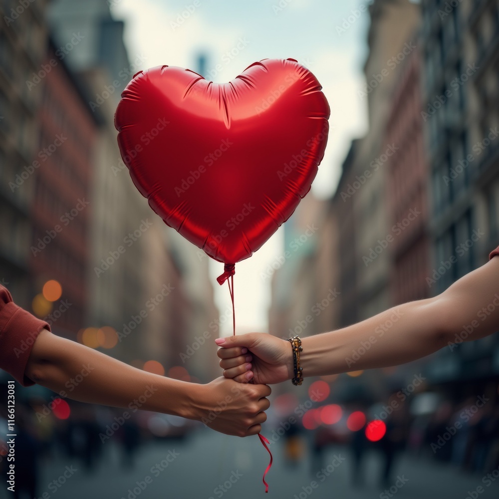 Poster the image shows two hands holding a large red heart-shaped balloon. the balloon is inflated and appe