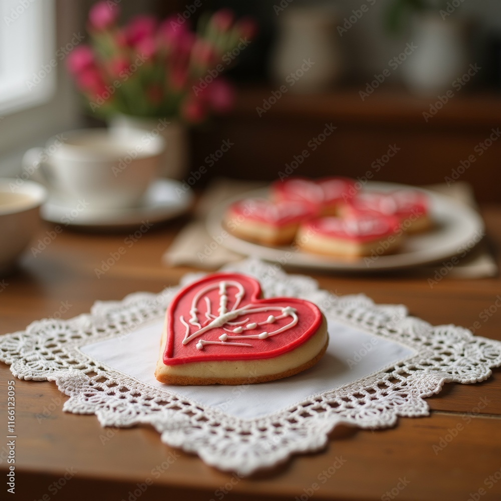 Poster the image shows a wooden table with a white doily on it. on the doily, there is a heart-shaped cooki