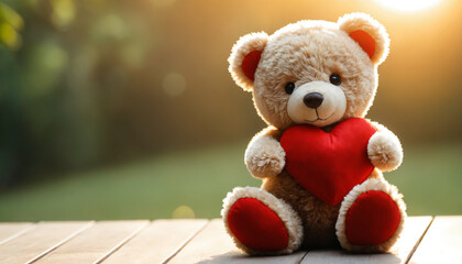 Obraz premium teddy bear hold red heart, valentine background with copyspace