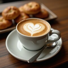 Fototapeta premium The image shows a white cup of cappuccino on a saucer with a spoon. The cup is filled with a latte art, which is a type of coffee with a heart-shaped design in the center.