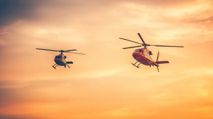Fototapeta premium Warm Sunset Helicopters in Soft Natural Light