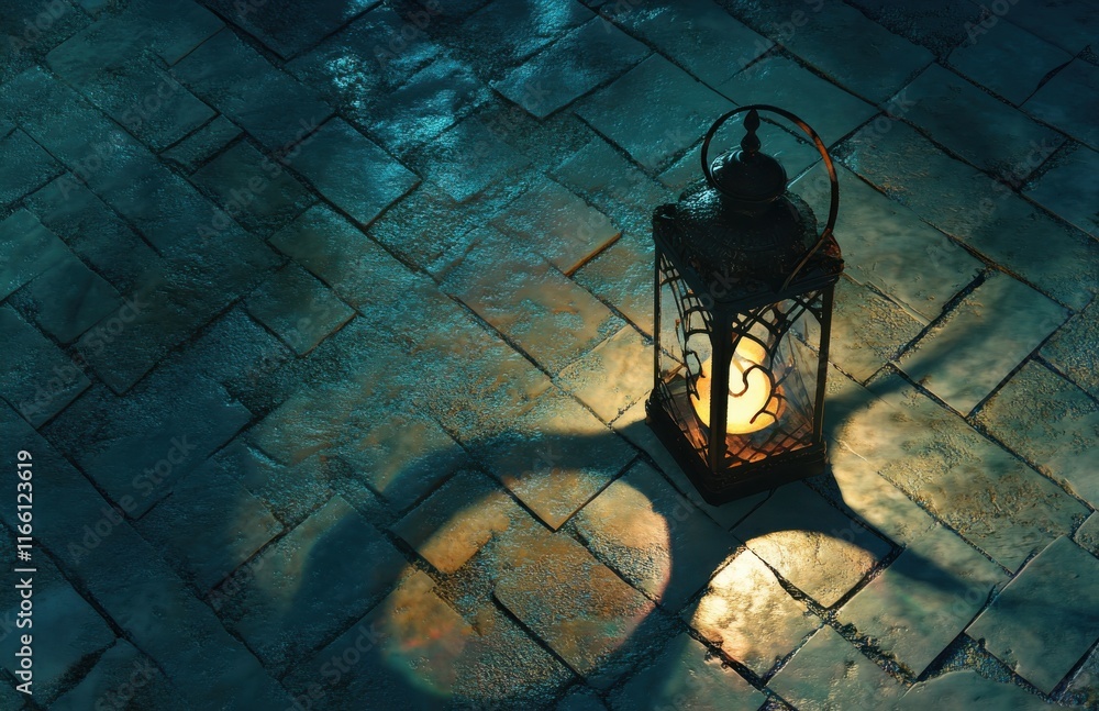 Poster vintage lantern casting soft light and intricate shadows on textured stone surface in a serene night