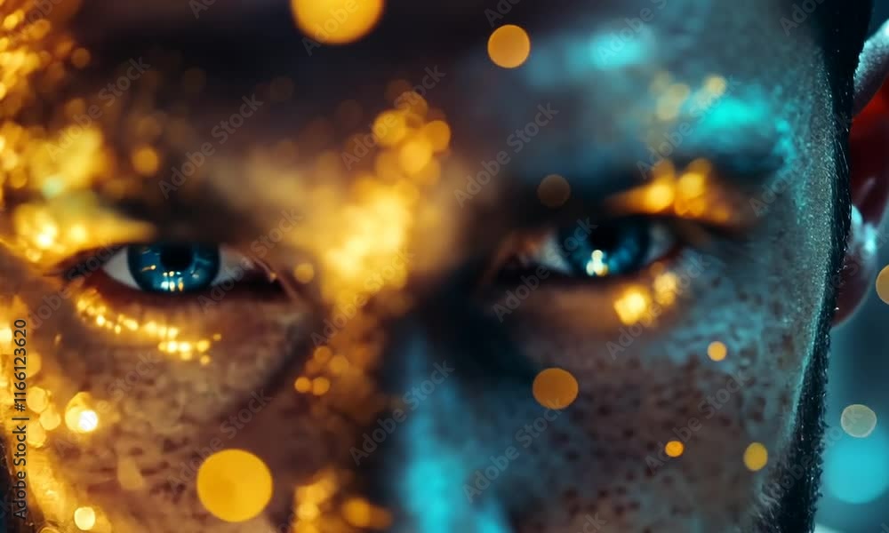 Poster close up portrait of man with intense blue eyes and shimmering golden highlights on his face, creati