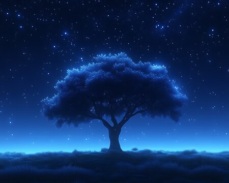Solitary tree at night under starry sky.