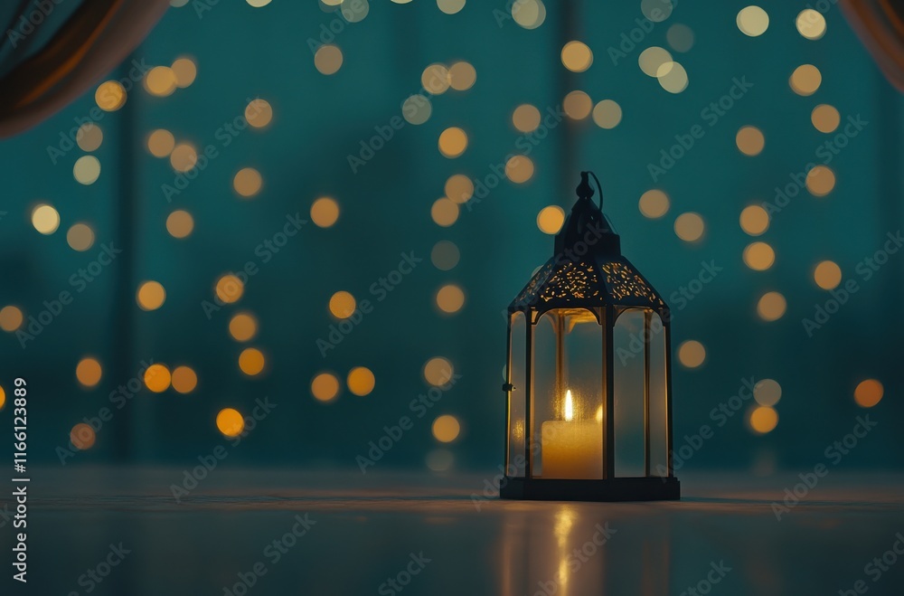 Poster warm glow of lantern with candle against blurry bokeh background, creating a cozy and inviting atmos