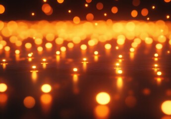 Warm Glowing Lights Creating a Dreamy Atmosphere with Reflections on a Dark Surface, Perfect for Backgrounds of Abstract Designs or Festive Events