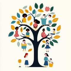 Fototapeta premium Artistic representation of a family tree with new additions, postnatal care, emotional symbolism
