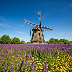 Vibrant flowers near a Dutch wooden windmill.
