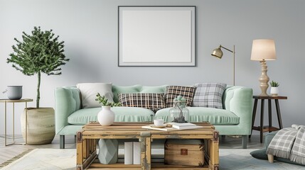 Contemporary living room featuring a mint sofa, a wooden console, a cube coffee table, a modern lamp, a potted plant, a mock-up poster frame, decorative pillows, 