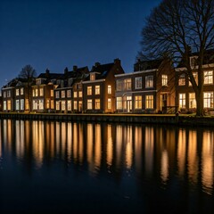 Naklejka premium Nighttime canal with lit-up houses and reflections. 