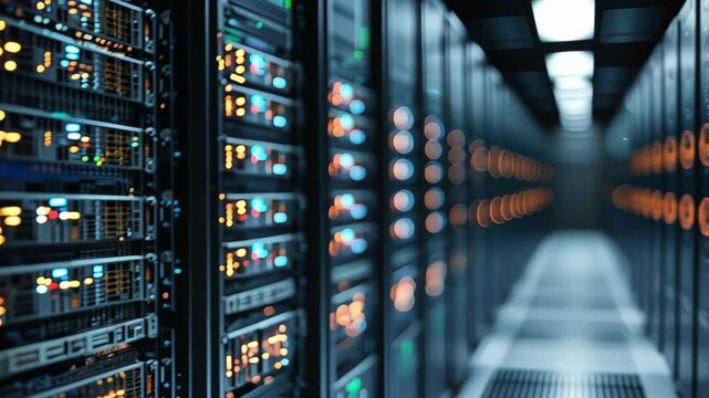 A dimly lit server room filled with rows of blinking servers