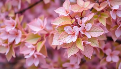 Obraz premium Beautiful sakura leaves in delicate pink and green hues, capturing the essence of cherry blossoms during springtime. This image showcases the intricate details and vibrant colors of the sakura foliage