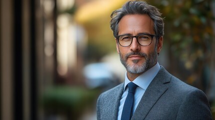 Fototapeta premium Confident middle-aged man with graying hair and glasses, dressed in a gray suit and blue shirt, stands outdoors with a serene expression.