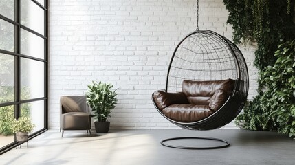 Modern Interior Design: Brown Leather Hanging Chair in a White Brick Room