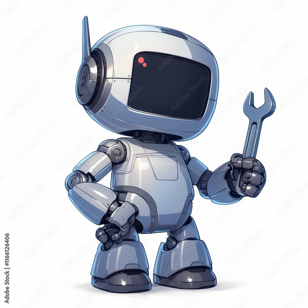 Poster a friendly robot character holding a wrench, designed for mechanical tasks.
