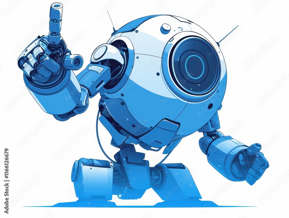 Poster a futuristic blue robot character with a playful gesture.
