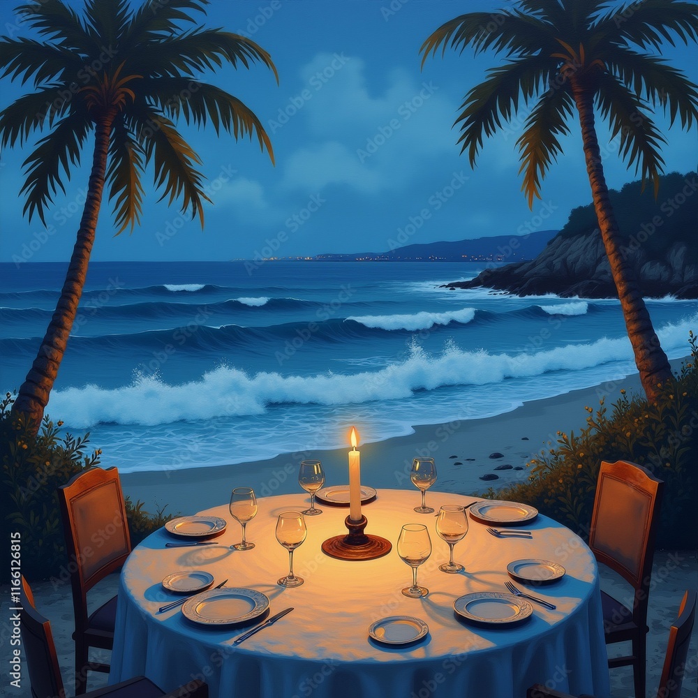 Poster the image is a painting of a table set up on a tropical beach at night. the table is covered with a 