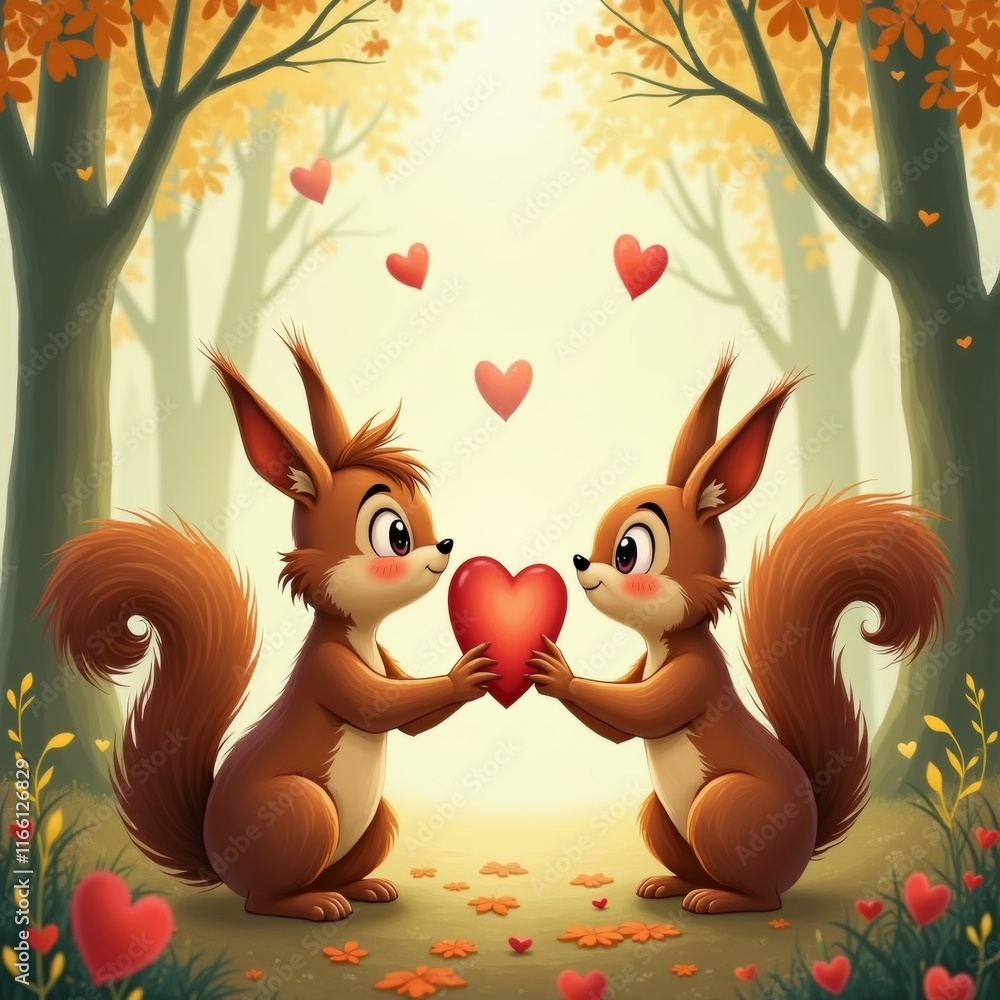 Poster the image shows two squirrels in a forest. the squirrel on the left is holding a red heart in its pa